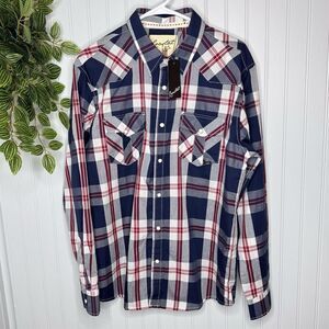 Coastal Men Sz L Button Up Shirt Large Red Navy Plaid Flannel Long Sleeve Collar